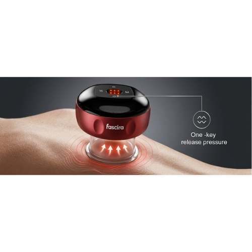 Red and black handheld device on a hand with 'fascia' branding, labeled for one-key release pressure.