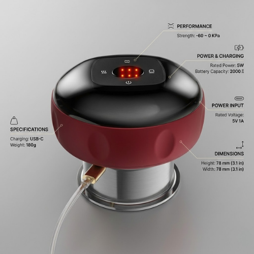 Red and black device with technical specifications on a gray background