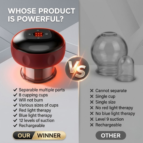 Comparison between a red cupping device and clear glass cups with text highlighting features.