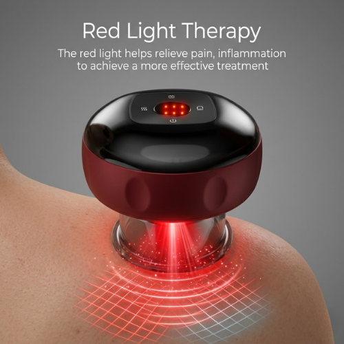 Red light therapy device on a person's shoulder with text about its benefits.