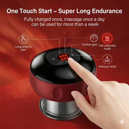 Hand pressing a button on a red and black device with text about 'One Touch Start' and 'Super Long Endurance'.