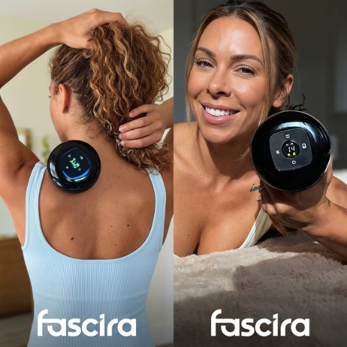 Woman using a Fascira device on her shoulder and holding it in her hand.