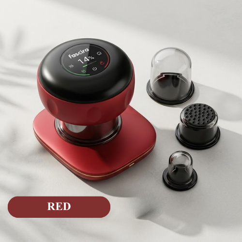 Red and black electronic device with attachments on a light gray background