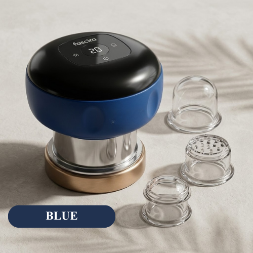 Blue and black device with glass components on a beige surface