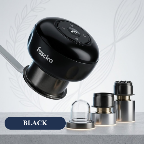 Black fascira product with digital display on a light gray background