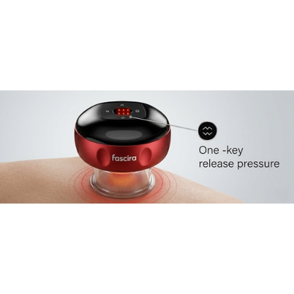 Red and black device labeled 'fascira' on a person's skin with text 'One-key release pressure'.