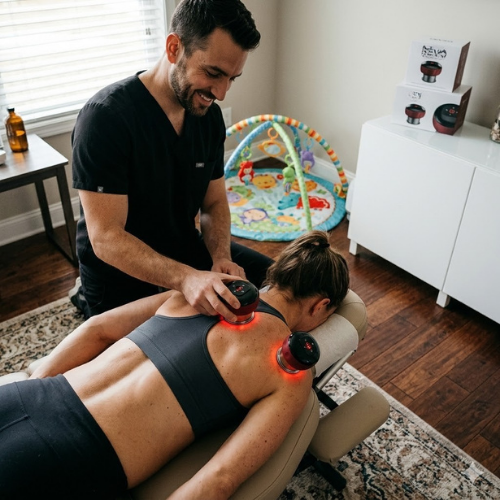 Man using a massage device on a woman's back in a home setting