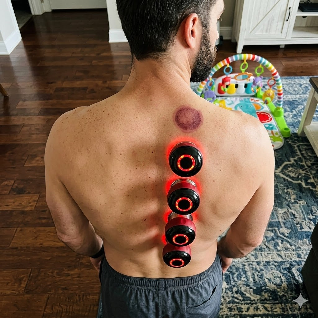 Man with a red light therapy device on his back in a home setting