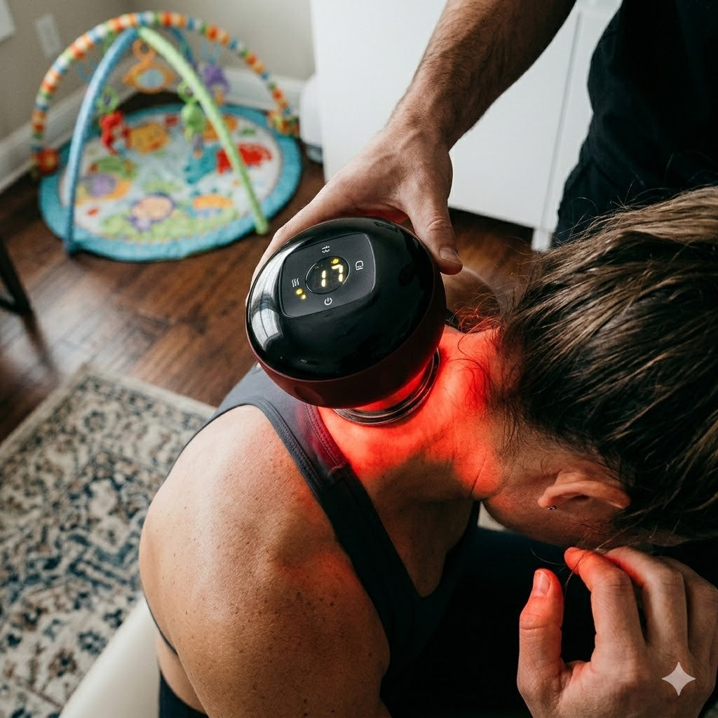 Person using a handheld device on their shoulder in a home setting